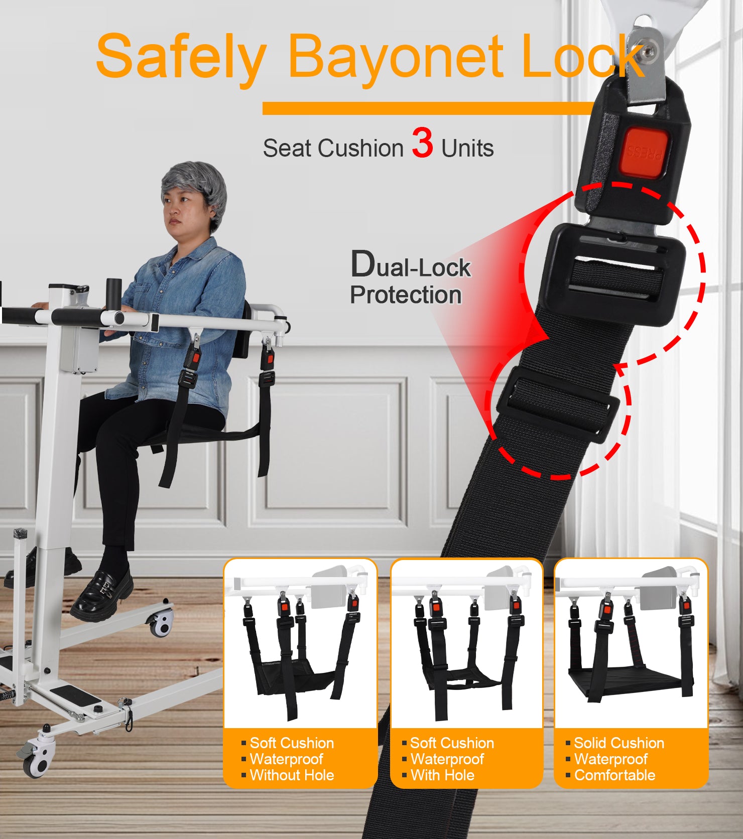 Seat Cushion for Patient Lift, with Safely Bayonet Lock, Waterproof