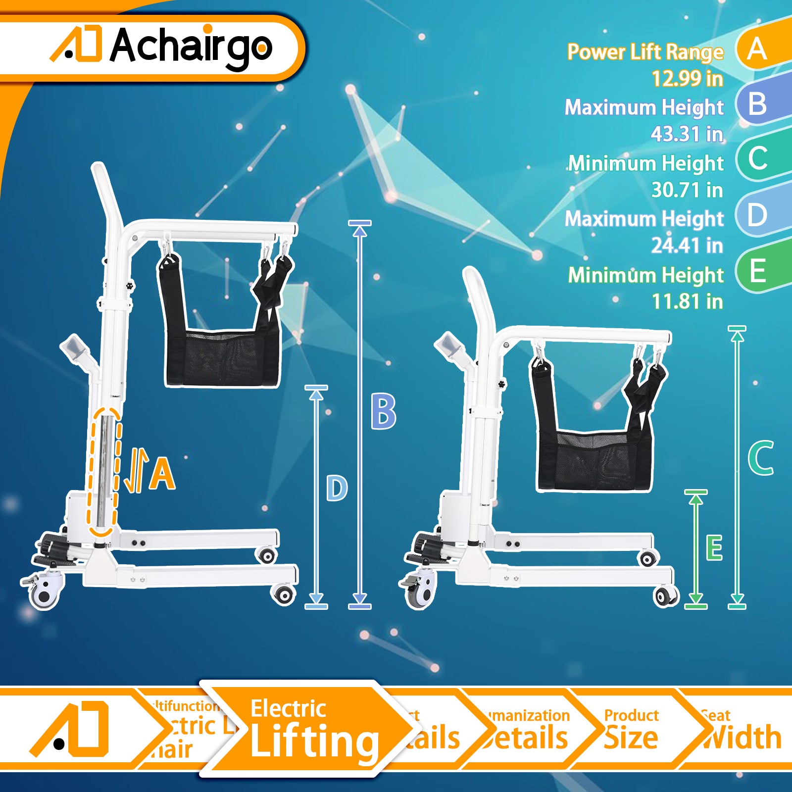 Electric Patient Lift, Portable Transfer Chair with High-Capacity Rechargeable Battey, 330 Weight Capacity, Commode Sling - Achairgo