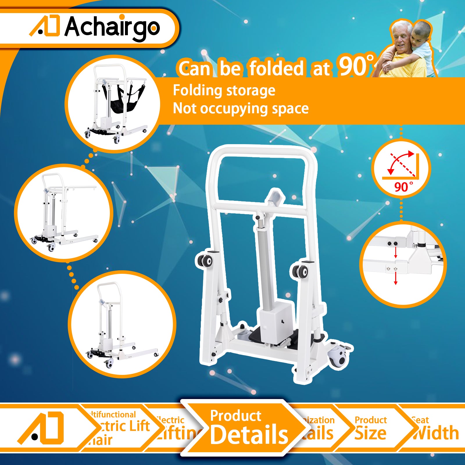 Electric Patient Lift, Portable Transfer Chair with High-Capacity Rechargeable Battey, 330 Weight Capacity, Commode Sling - Achairgo