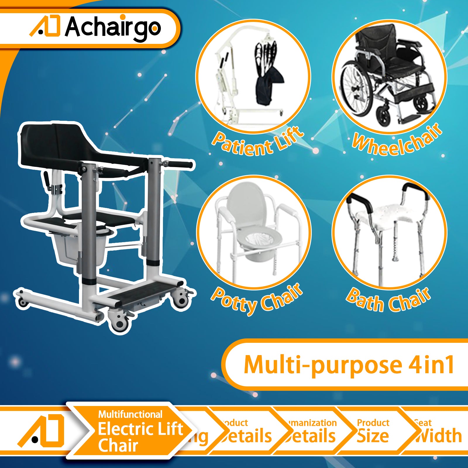 Patient Lift and Transfer Chair With Adjustable Height and Wired Remote Controls - Achairgo