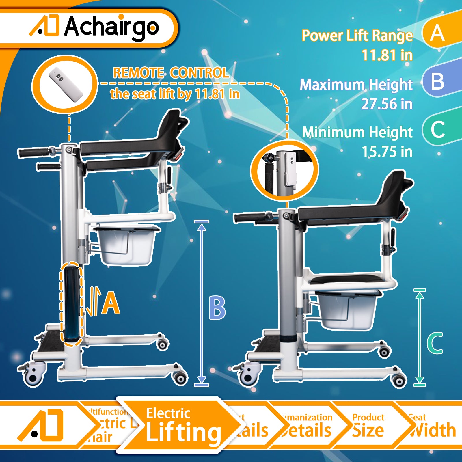 Patient Lift and Transfer Chair With Adjustable Height and Wired Remote Controls - Achairgo