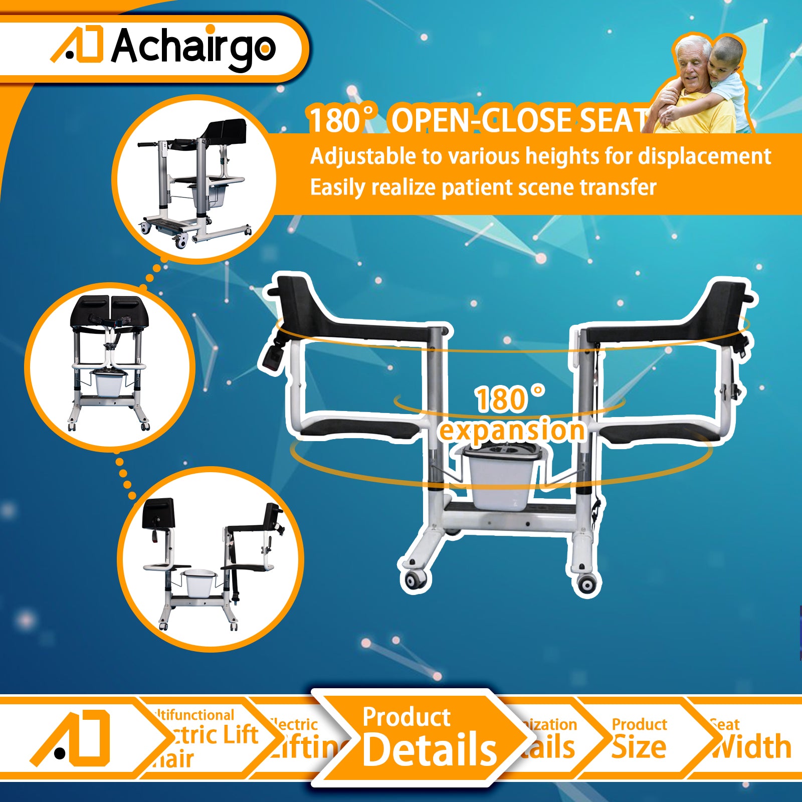 Patient Lift and Transfer Chair With Adjustable Height and Wired Remote Controls - Achairgo