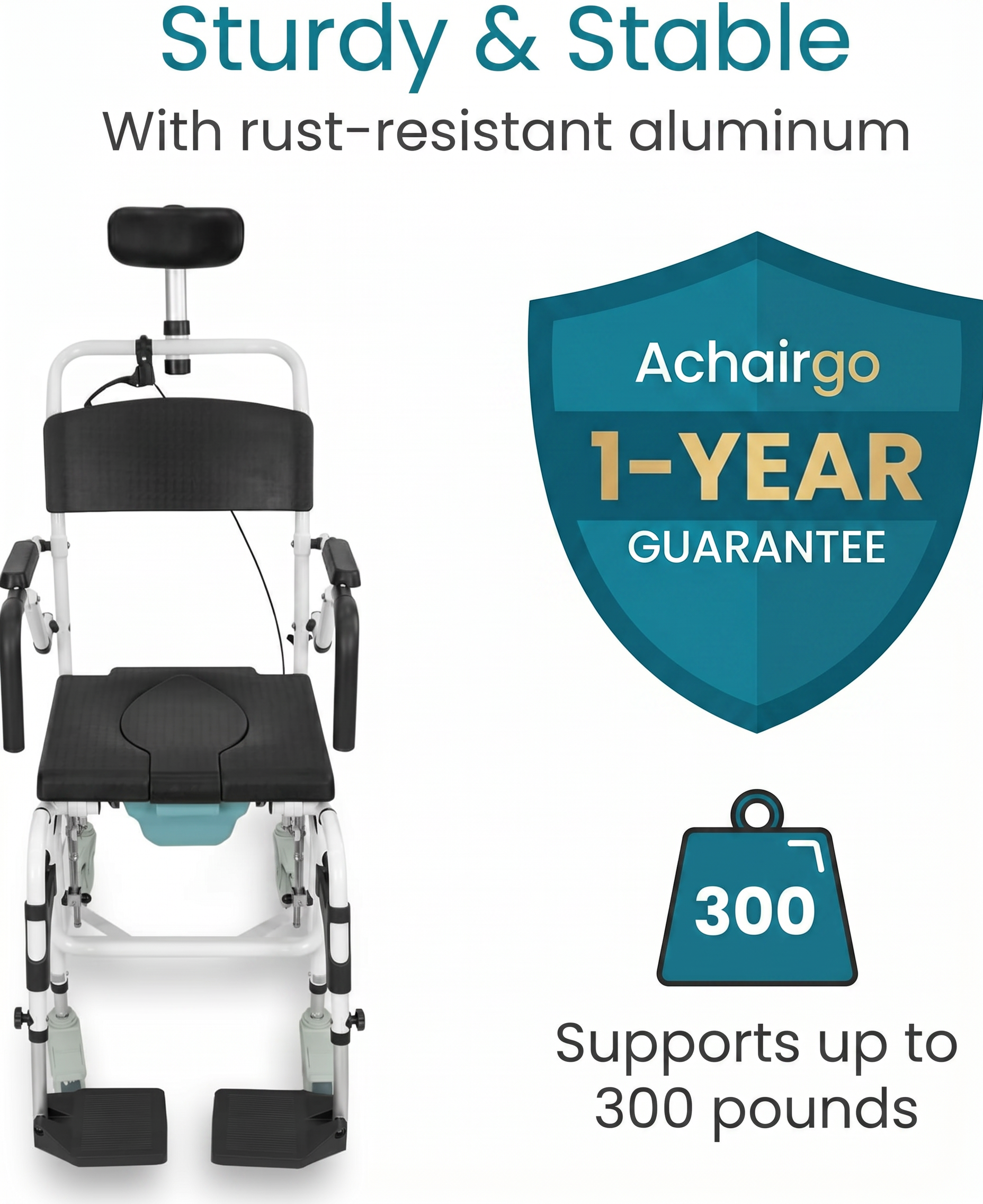 Reclining Shower Chair with Wheels  - Commode Wheelchair for Seniors, Disabled & Handicap - Padded Transfer Rolling Chairs w/Arms - Portable, Waterproof Shower Chair - Reclines for Easy Hair Wash