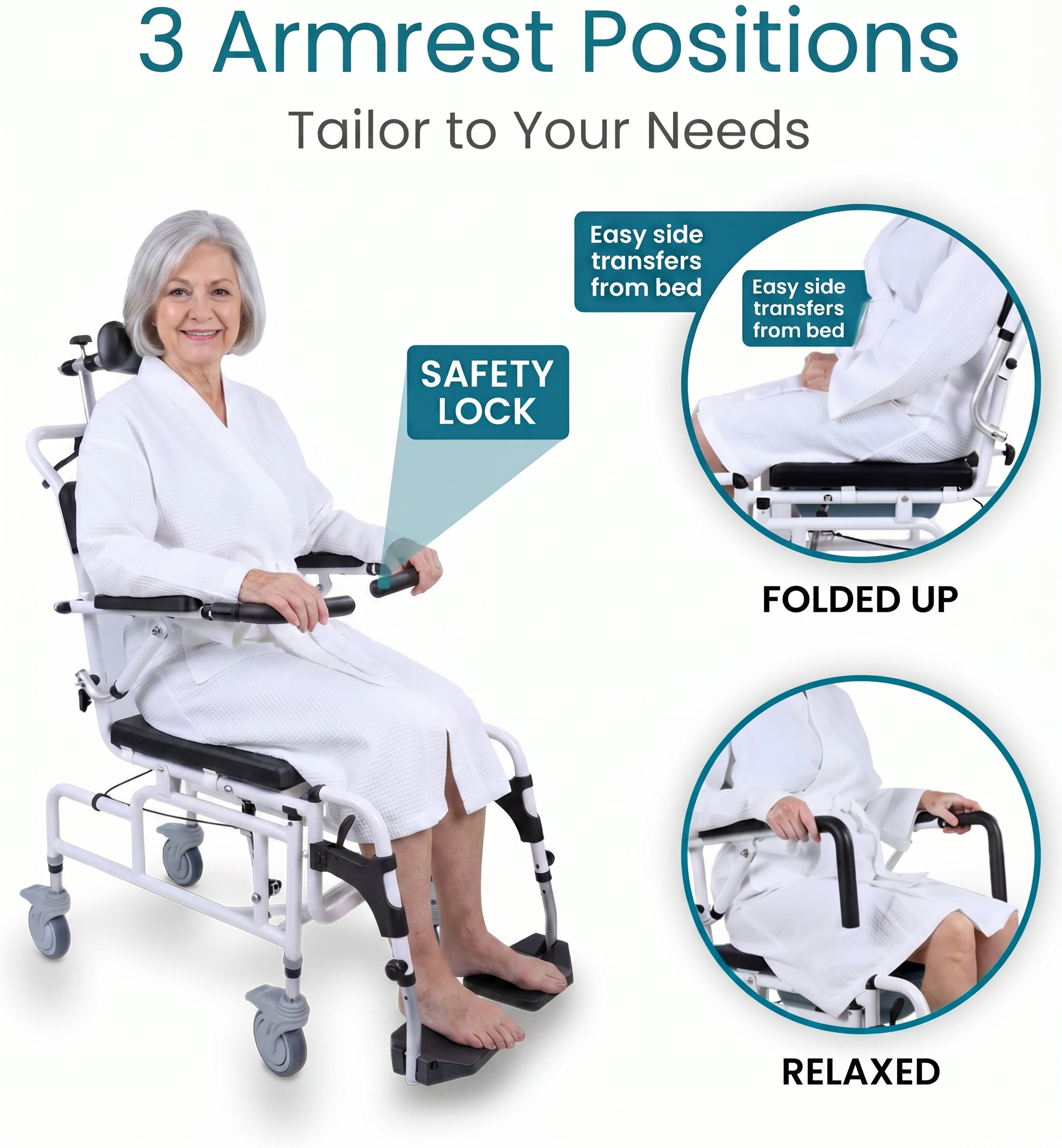 Reclining Shower Chair with Wheels  - Commode Wheelchair for Seniors, Disabled & Handicap - Padded Transfer Rolling Chairs w/Arms - Portable, Waterproof Shower Chair - Reclines for Easy Hair Wash