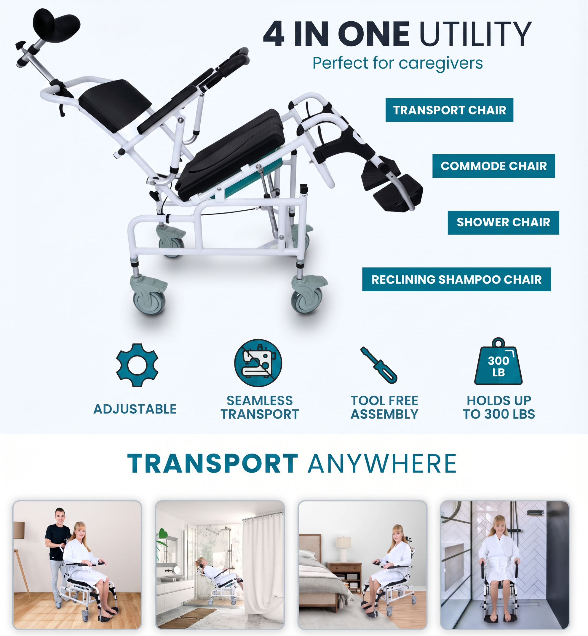 Reclining Shower Chair with Wheels  - Commode Wheelchair for Seniors, Disabled & Handicap - Padded Transfer Rolling Chairs w/Arms - Portable, Waterproof Shower Chair - Reclines for Easy Hair Wash