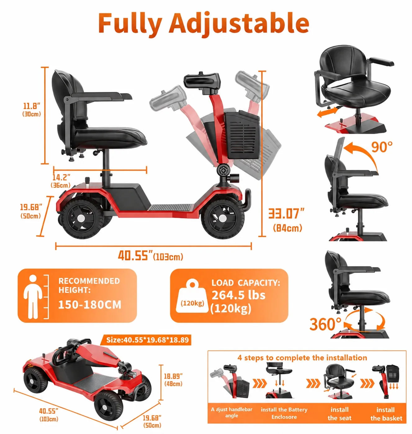4 Wheel Mobility Scooter - Electric Powered with Seat for Seniors