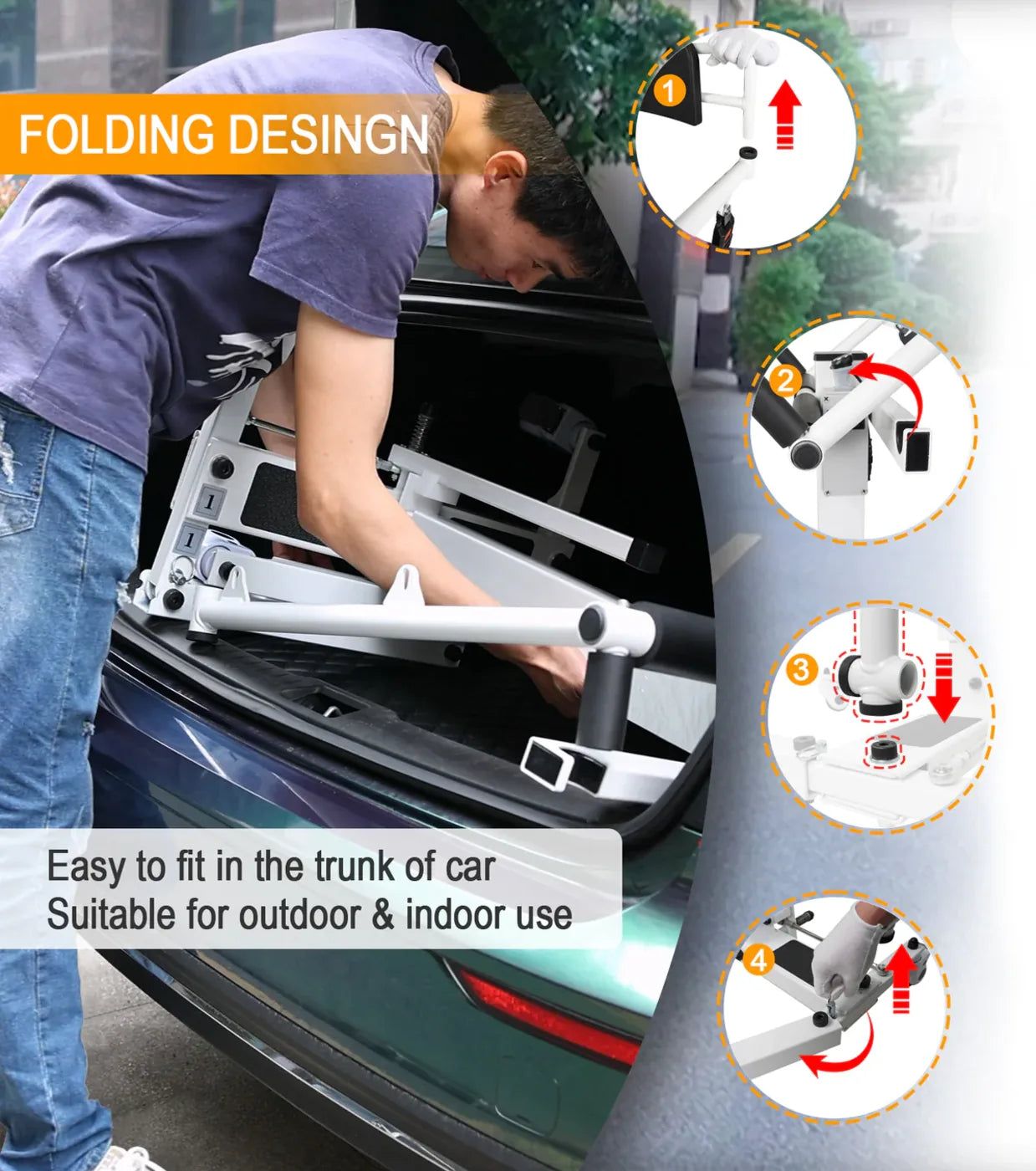 Person using a folding design product in a car trunk with instructional graphics on how to use it.