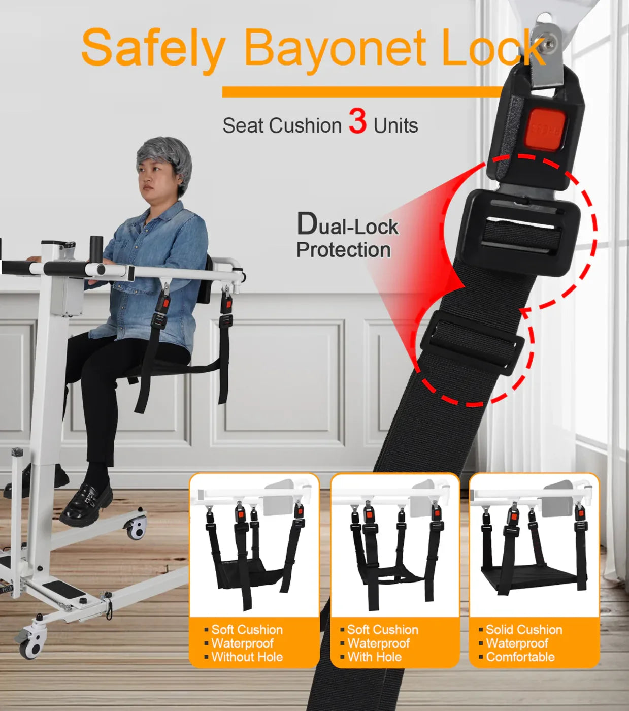 Patient lift Chair with safety harness and seat cushion features