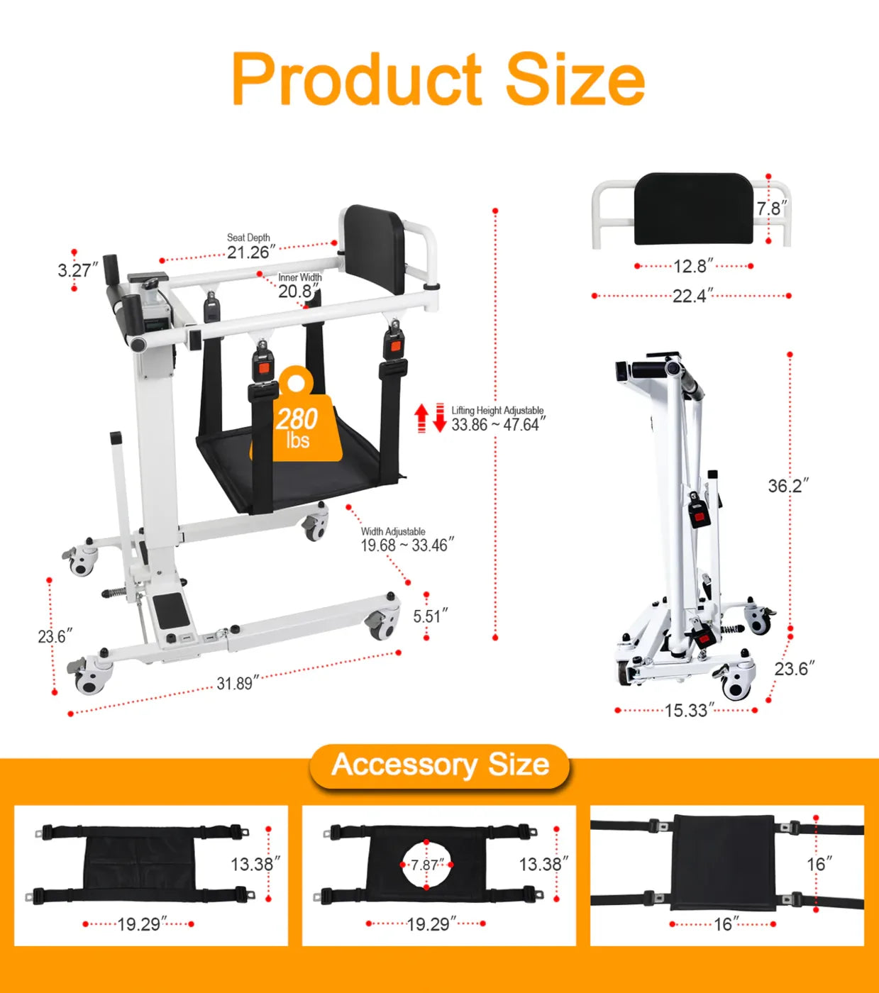 Measurement chart of a product and its accessories with dimensions labeled.