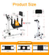 Measurement chart of a product and its accessories with dimensions labeled.