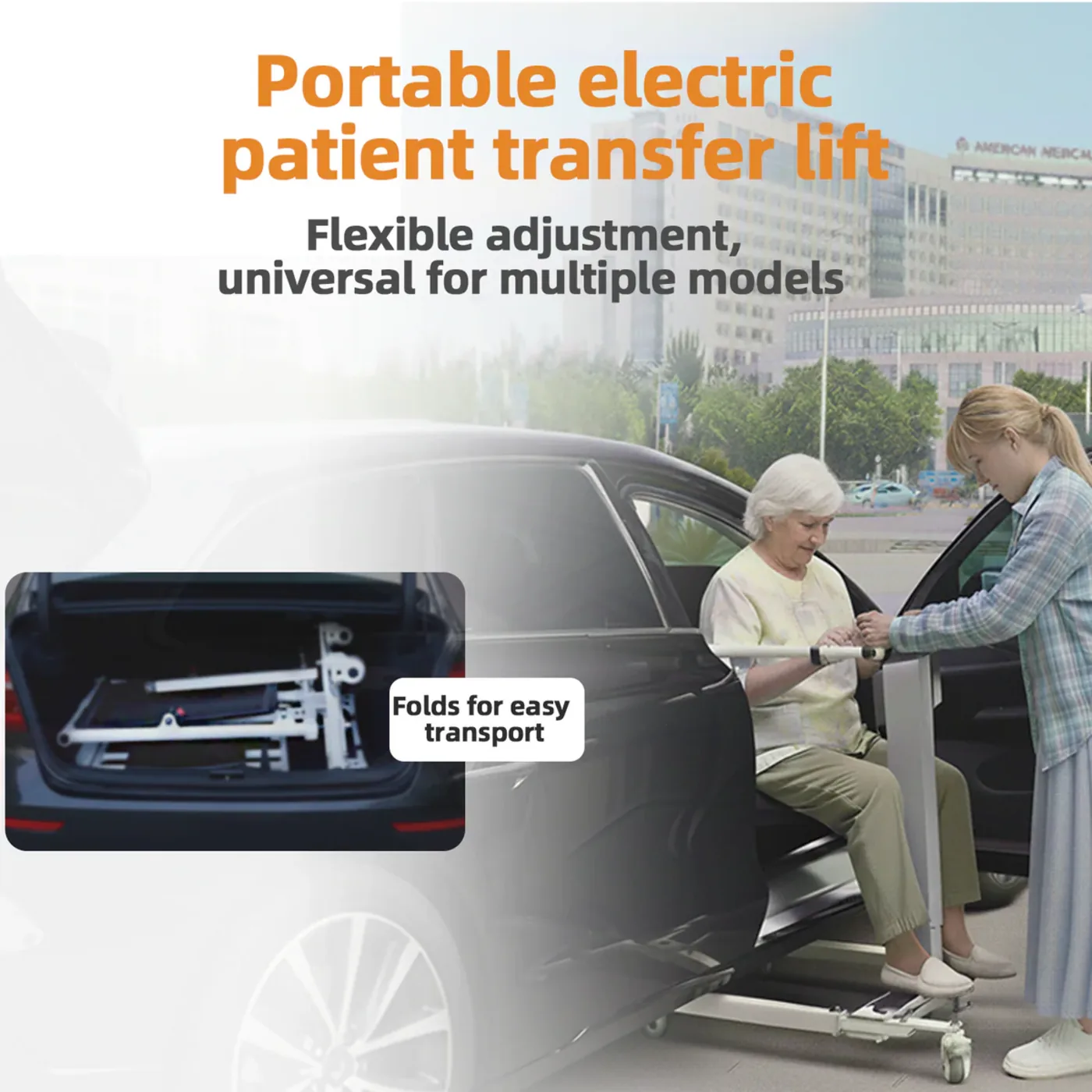 Portable electric patient transfer lift being used to assist an elderly person into a car, with text highlighting features.