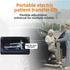 Portable electric patient transfer lift being used to assist an elderly person into a car, with text highlighting features.