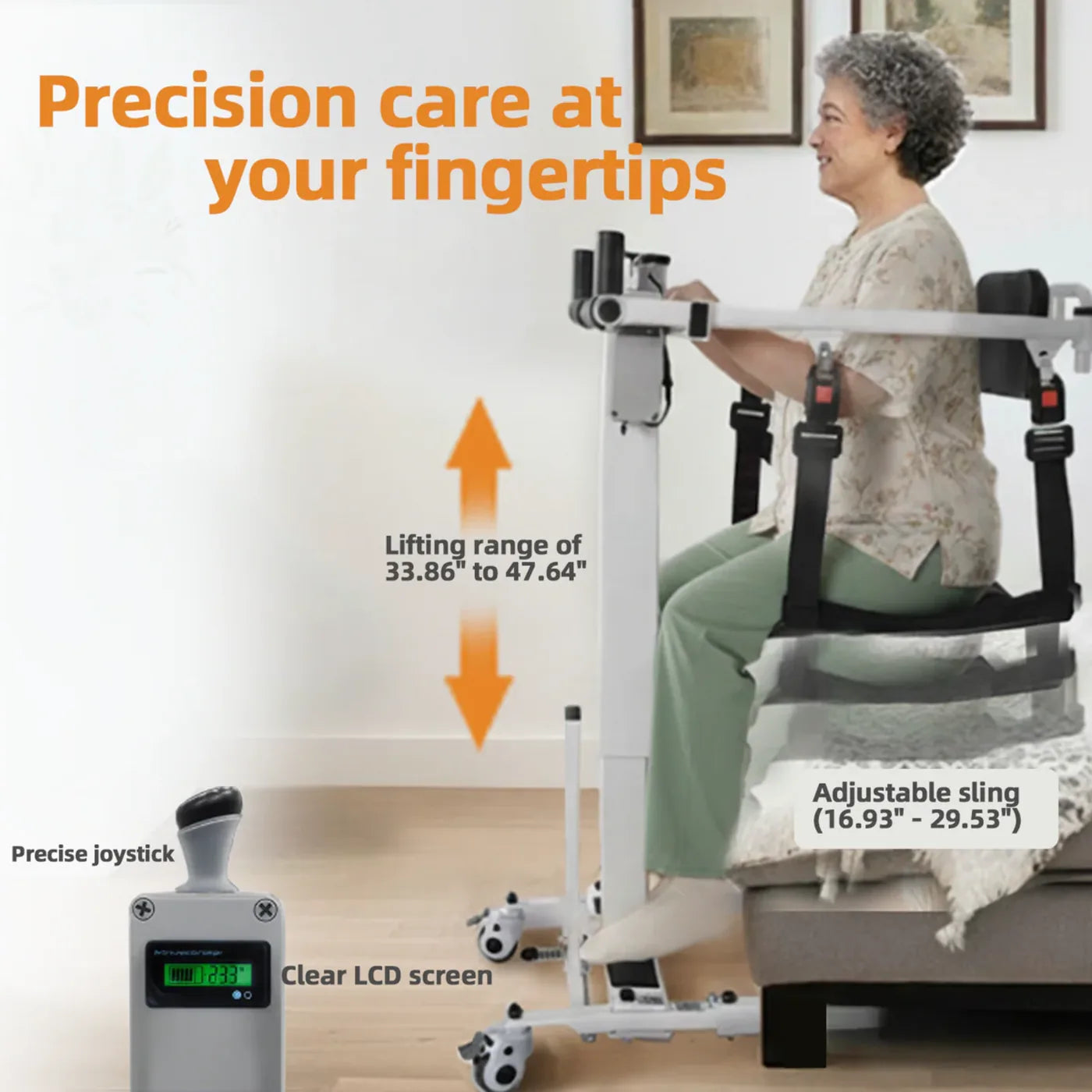Woman using a medical device with text highlighting features like lifting range and adjustable sling.