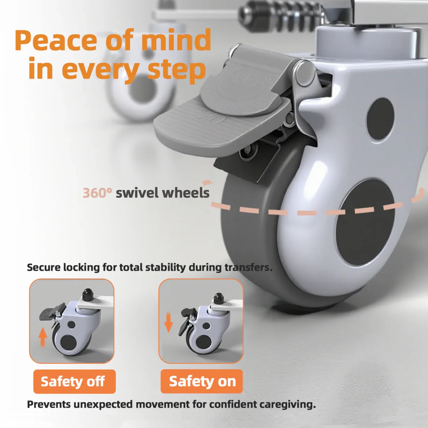 360-degree swivel wheel with safety features of electric patient lift