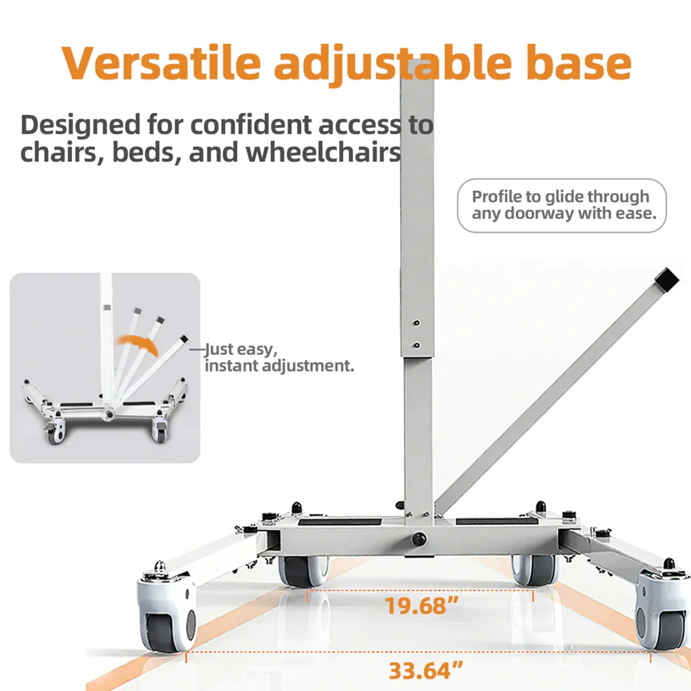 Versatile adjustable base with wheels and measurement details of patient lift chair