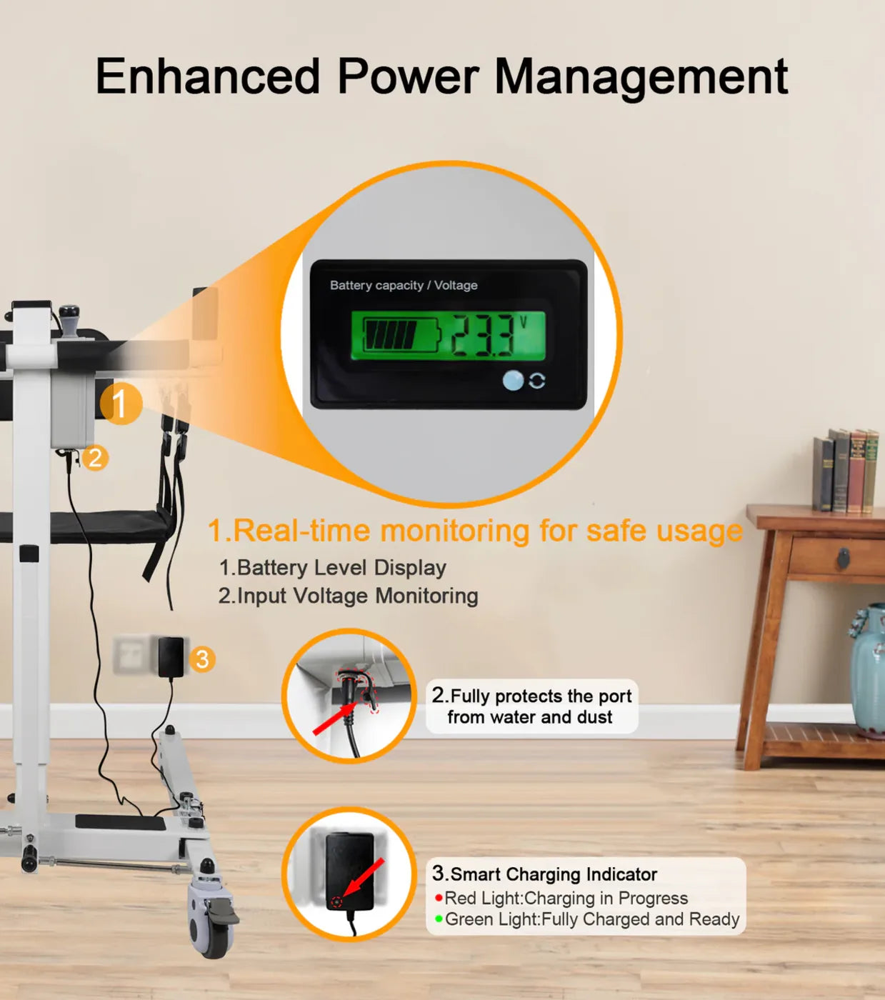 Power management system with digital display and monitoring features of power patient lift transfer chair