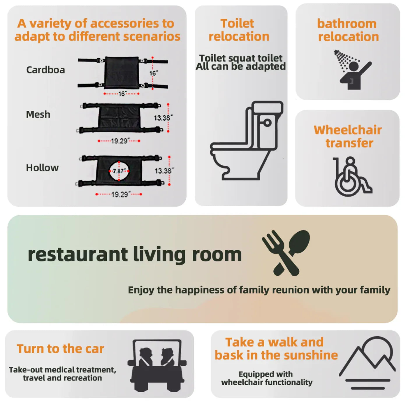 patient lift transfer chair - Set of signs with various scenarios and icons related to accessibility and lifestyle.