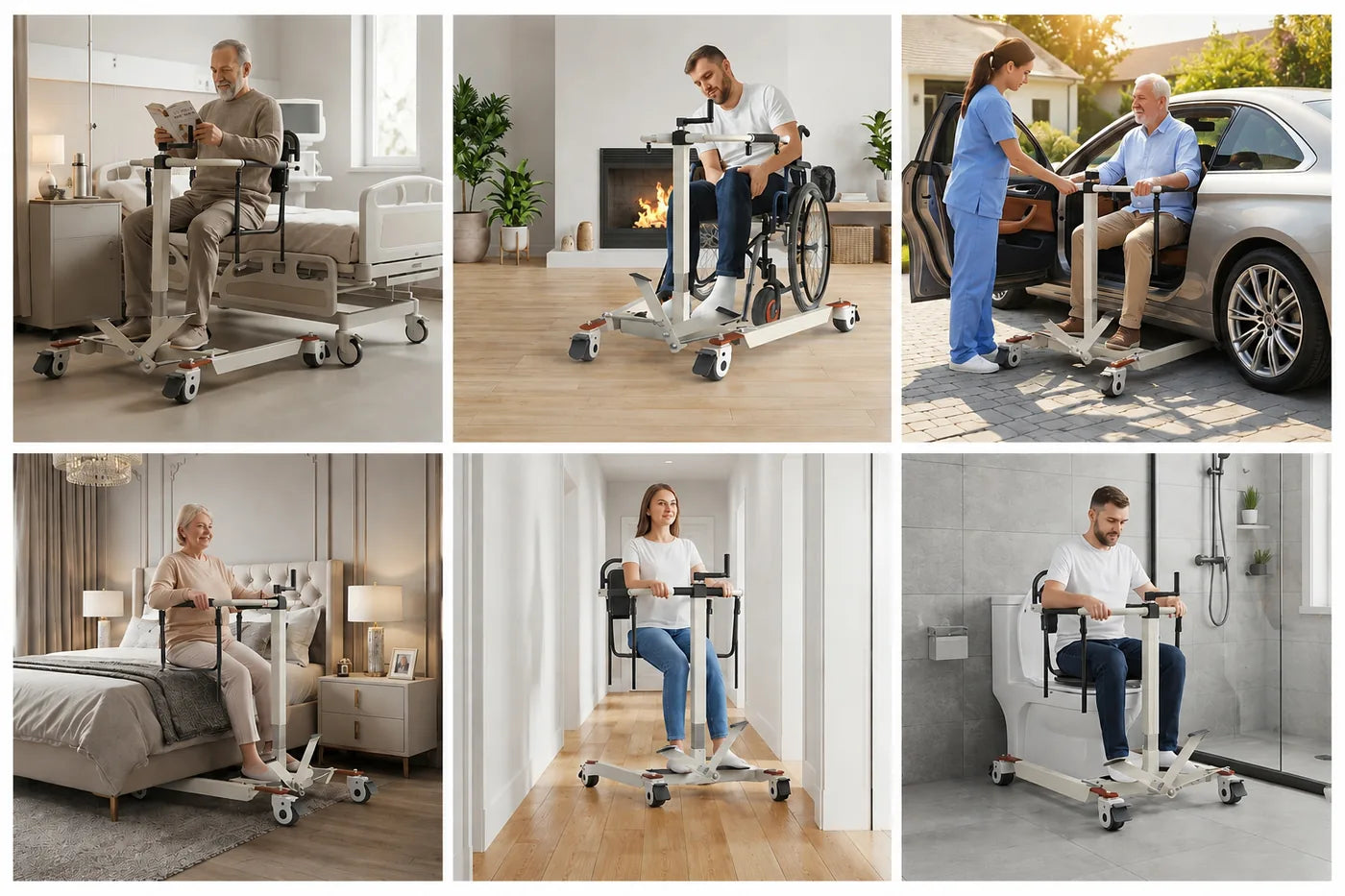 Collage of a patient using a wheelchair lift in various settings.