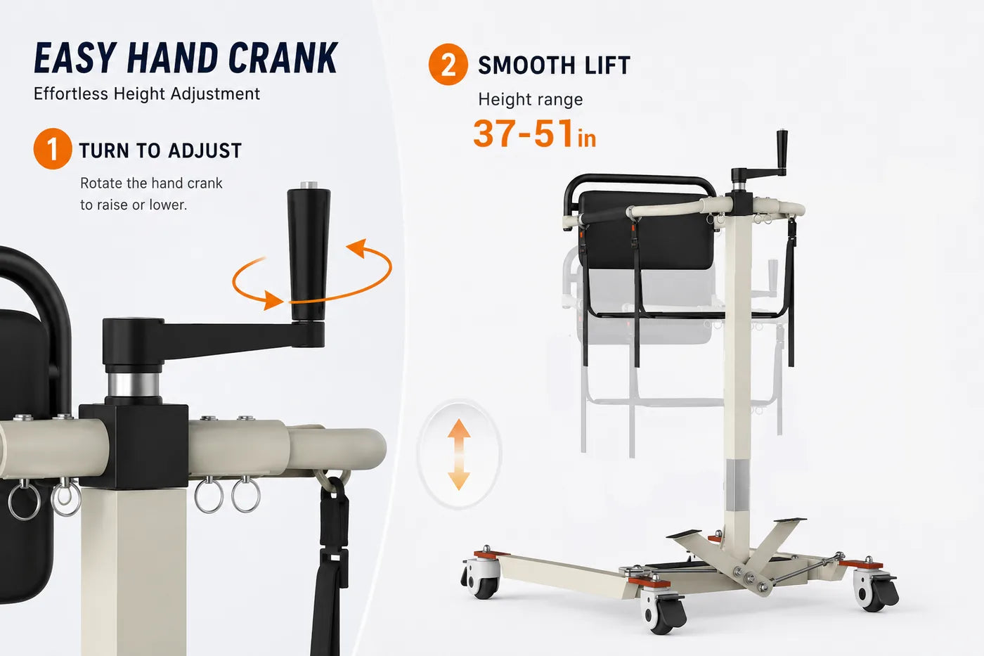 Hand crank height adjustment system with a chair and specifications on a white background