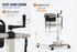 Hand crank height adjustment system with a chair and specifications on a white background