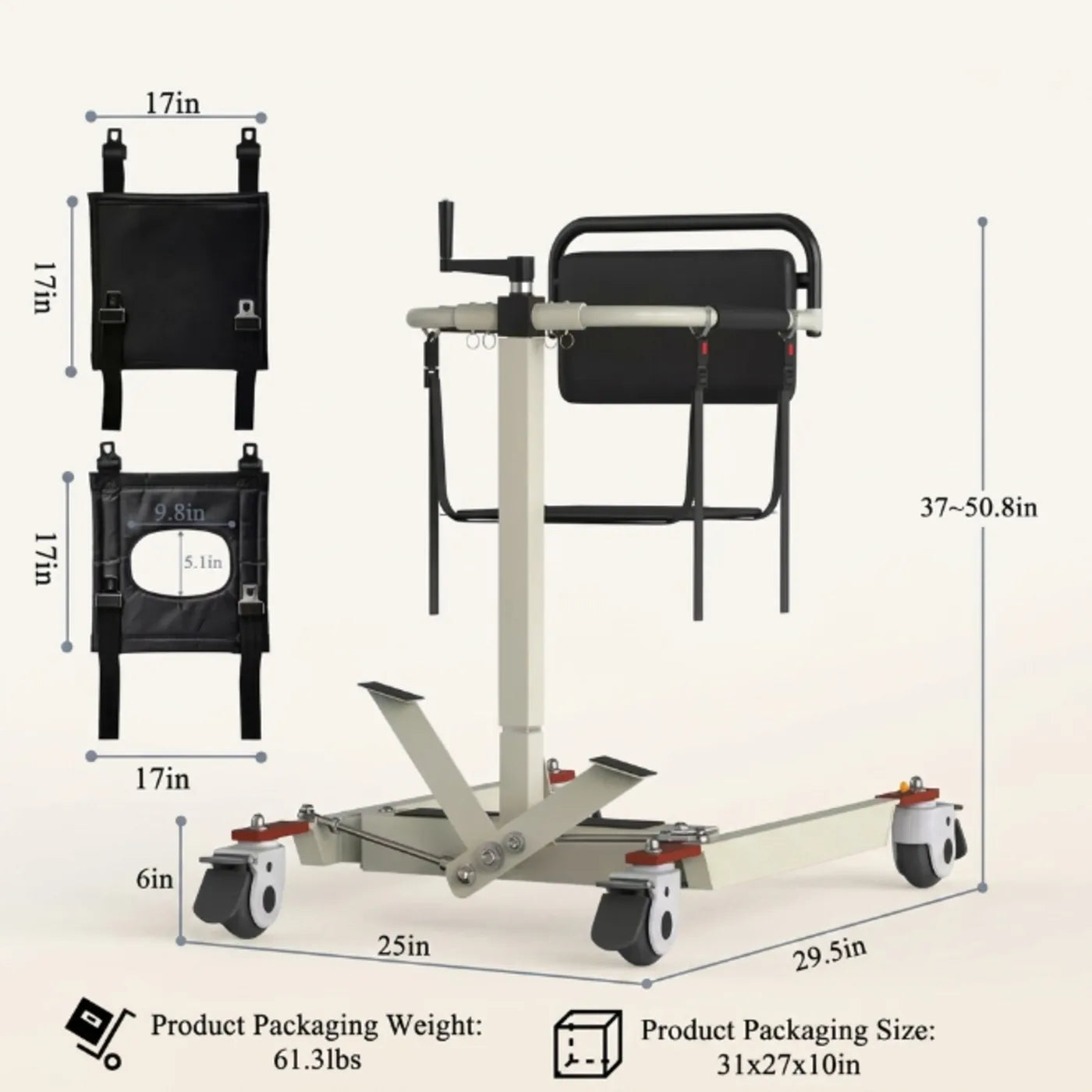 Measurement chart of a mechanical device with dimensions and packaging details.