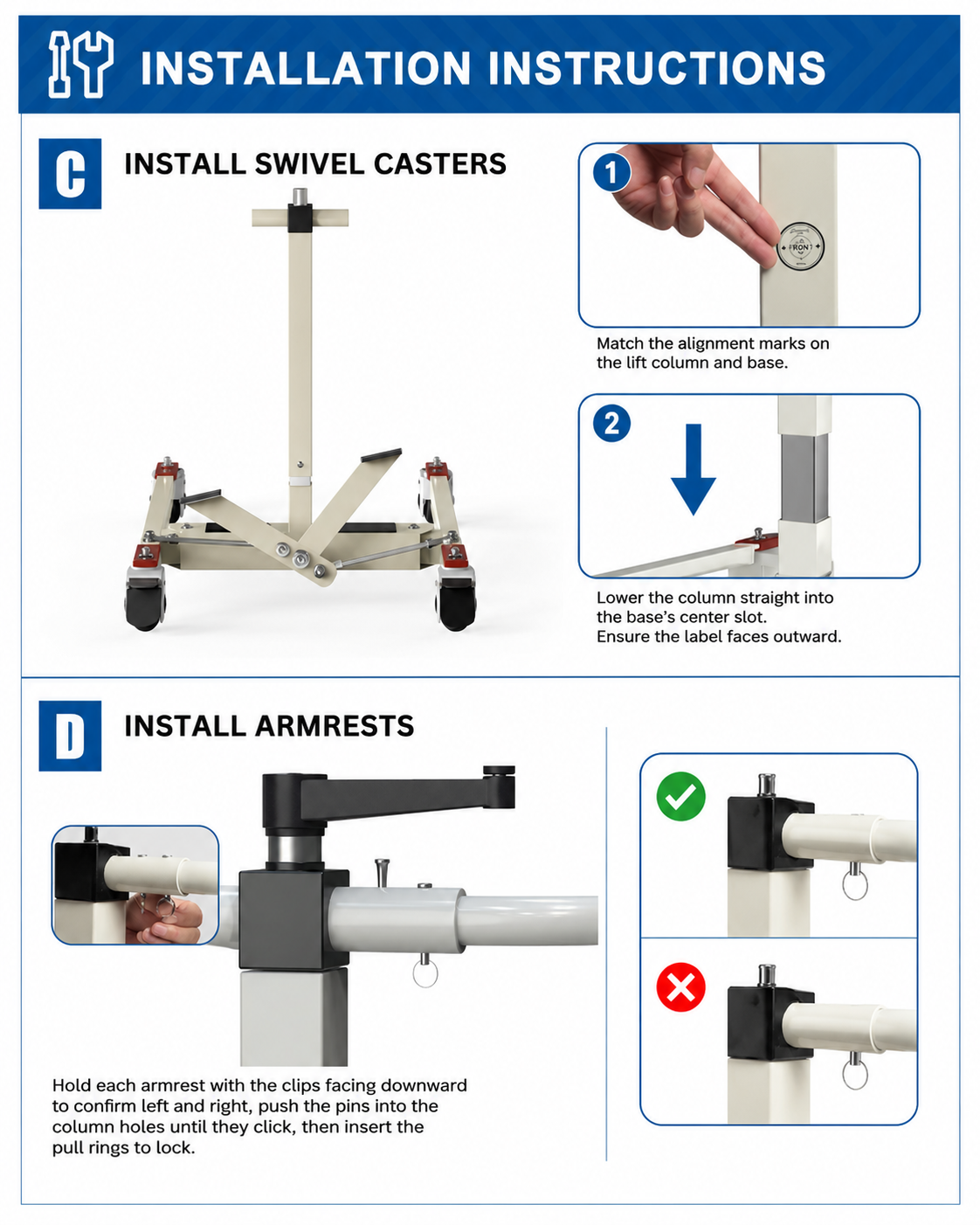 Installation instructions for swivel casters and armrests on a piece of equipment.