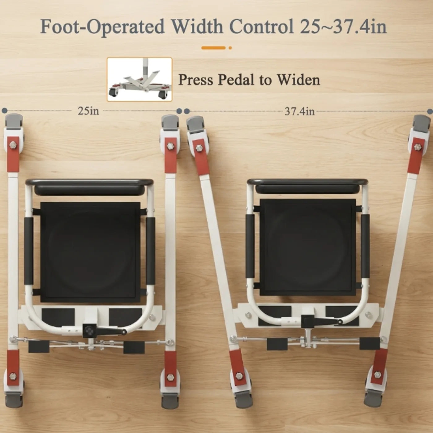 Two adjustable width carts with foot-operated width control on a wooden surface.