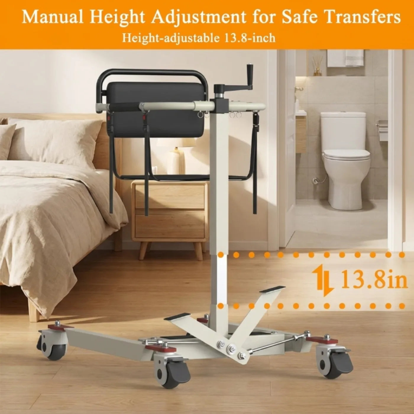 Manual height adjustment device for safe transfers in a bedroom setting