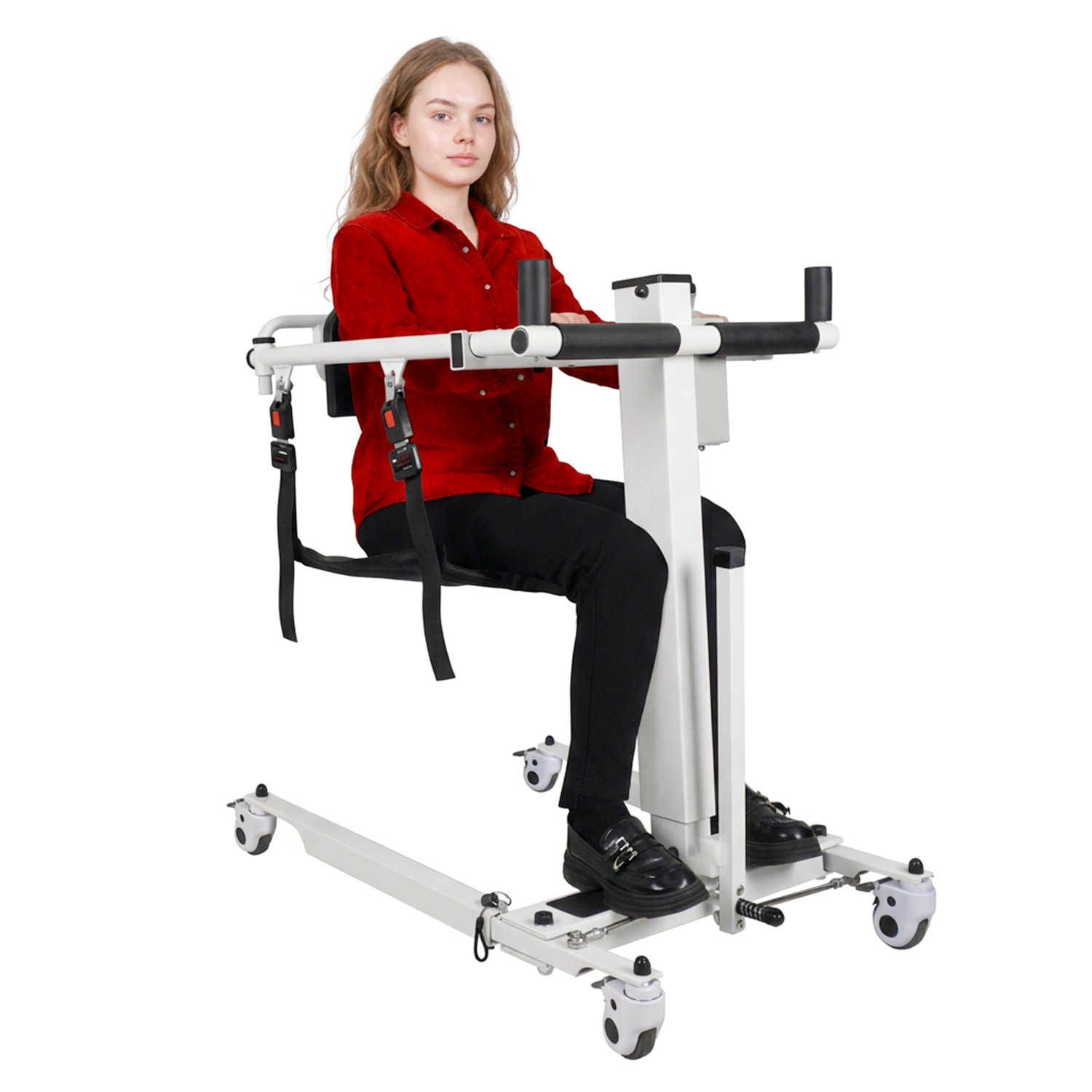 Person using a white and black patient lift