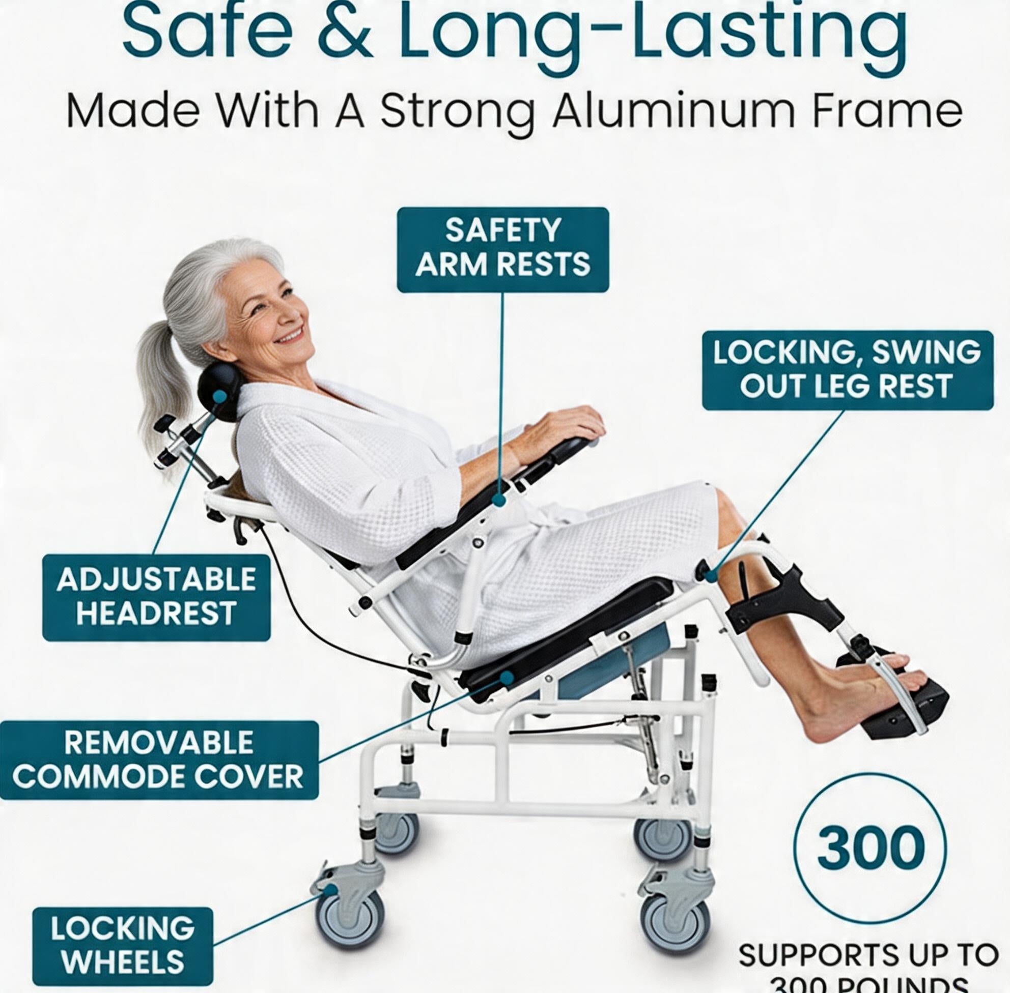 Reclining Shower Chair with Wheels  - Commode Wheelchair for Seniors, Disabled & Handicap - Padded Transfer Rolling Chairs w/Arms - Portable, Waterproof Shower Chair - Reclines for Easy Hair Wash