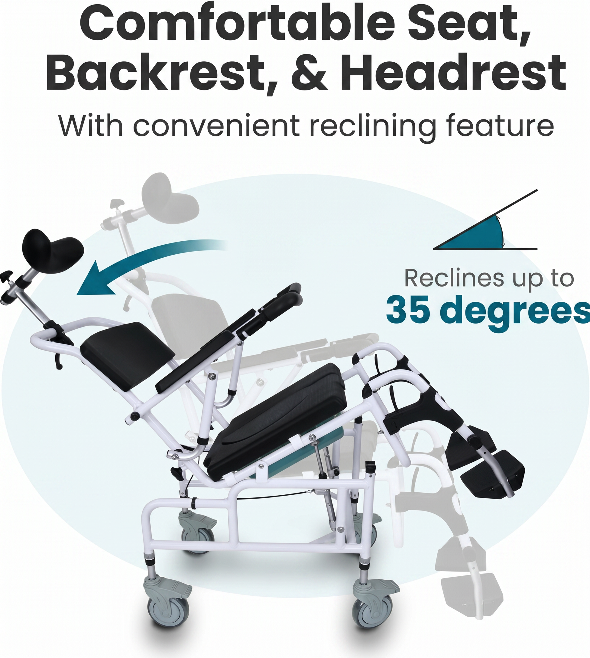Reclining Shower Chair with Wheels  - Commode Wheelchair for Seniors, Disabled & Handicap - Padded Transfer Rolling Chairs w/Arms - Portable, Waterproof Shower Chair - Reclines for Easy Hair Wash