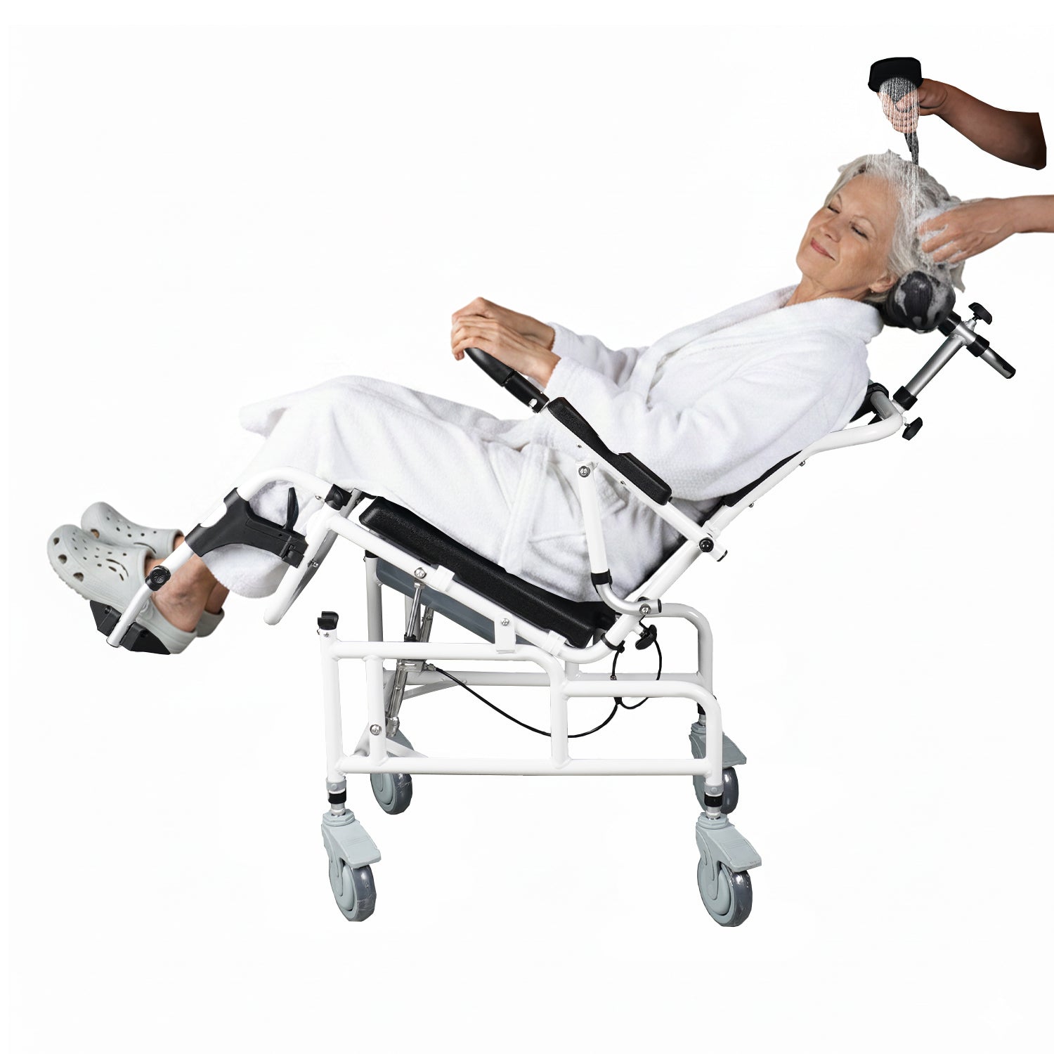 Reclining Shower Chair with Wheels  - Commode Wheelchair for Seniors, Disabled & Handicap - Padded Transfer Rolling Chairs w/Arms - Portable, Waterproof Shower Chair - Reclines for Easy Hair Wash