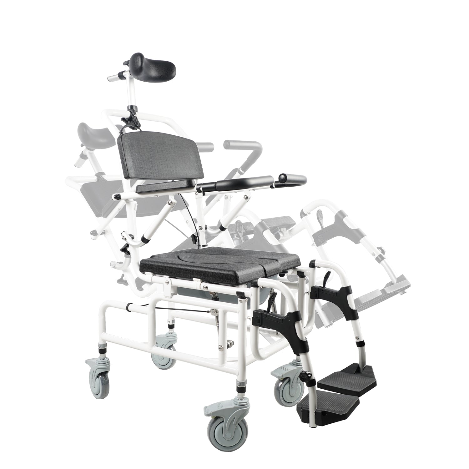 Reclining Shower Chair with Wheels  - Commode Wheelchair for Seniors, Disabled & Handicap - Padded Transfer Rolling Chairs w/Arms - Portable, Waterproof Shower Chair - Reclines for Easy Hair Wash