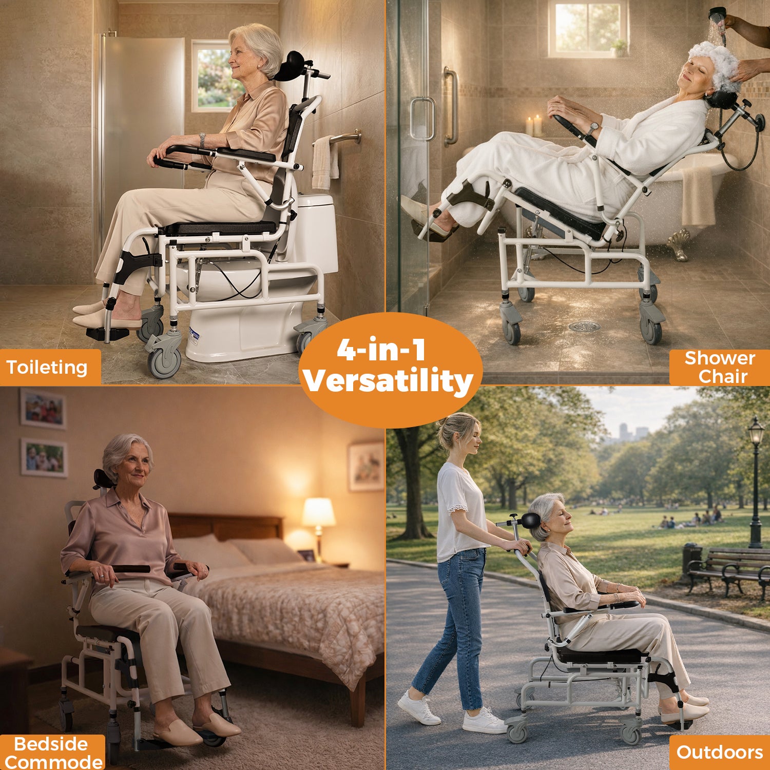 Reclining Shower Chair with Wheels  - Commode Wheelchair for Seniors, Disabled & Handicap - Padded Transfer Rolling Chairs w/Arms - Portable, Waterproof Shower Chair - Reclines for Easy Hair Wash