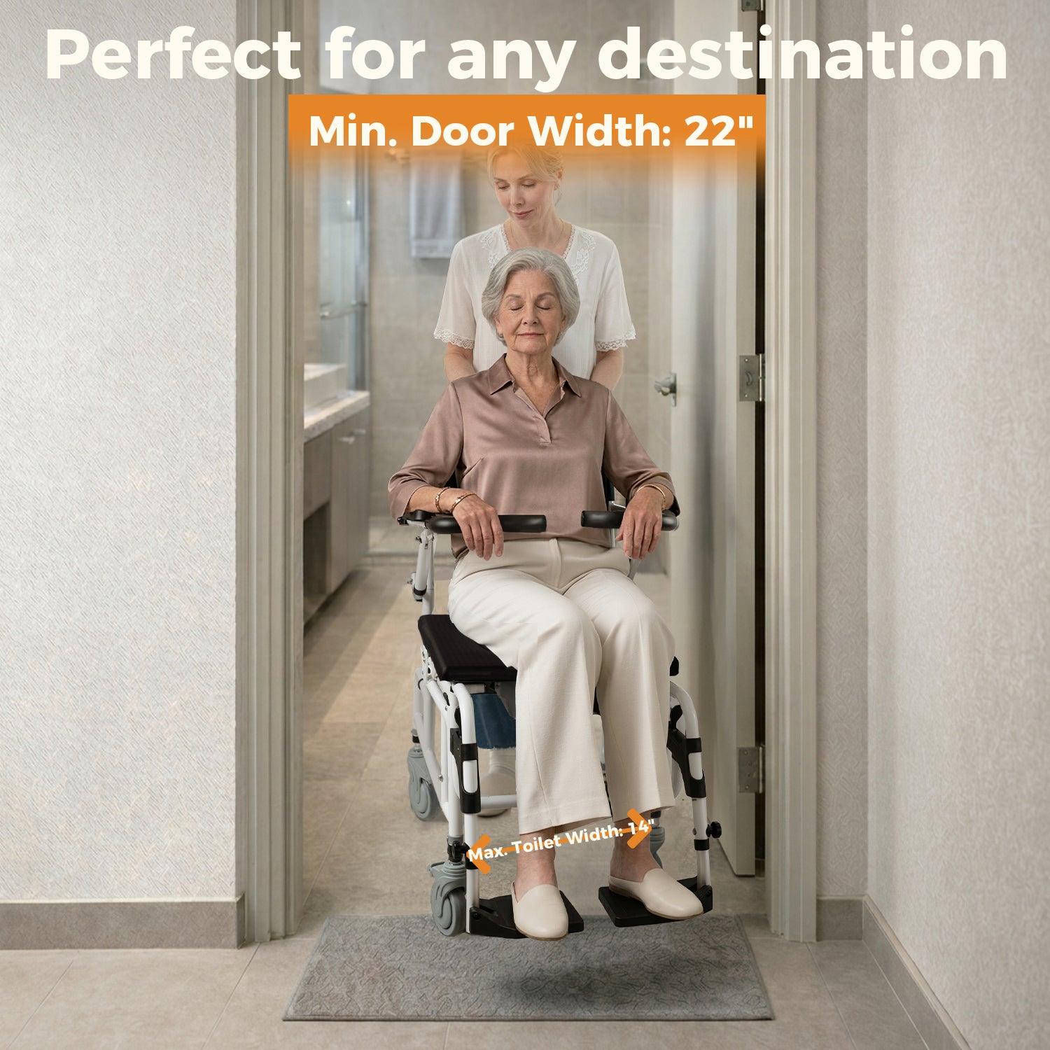 Reclining Shower Chair with Wheels  - Commode Wheelchair for Seniors, Disabled & Handicap - Padded Transfer Rolling Chairs w/Arms - Portable, Waterproof Shower Chair - Reclines for Easy Hair Wash