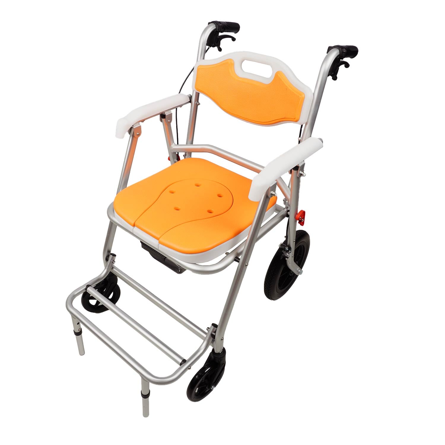 4-in-1 Rolling Shower Chair & Commode with Wheels, Folding Aluminum Toilet Chair for Elderly, Handbrakes & Padded Seat