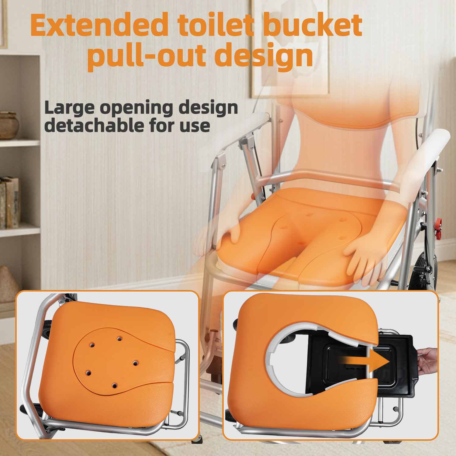4-in-1 Rolling Shower Chair & Commode with Wheels, Folding Aluminum Toilet Chair for Elderly, Handbrakes & Padded Seat