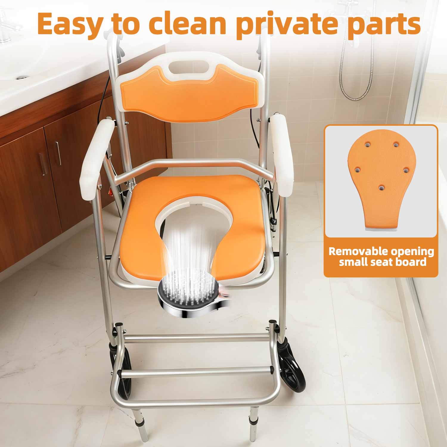 4-in-1 Rolling Shower Chair & Commode with Wheels, Folding Aluminum Toilet Chair for Elderly, Handbrakes & Padded Seat