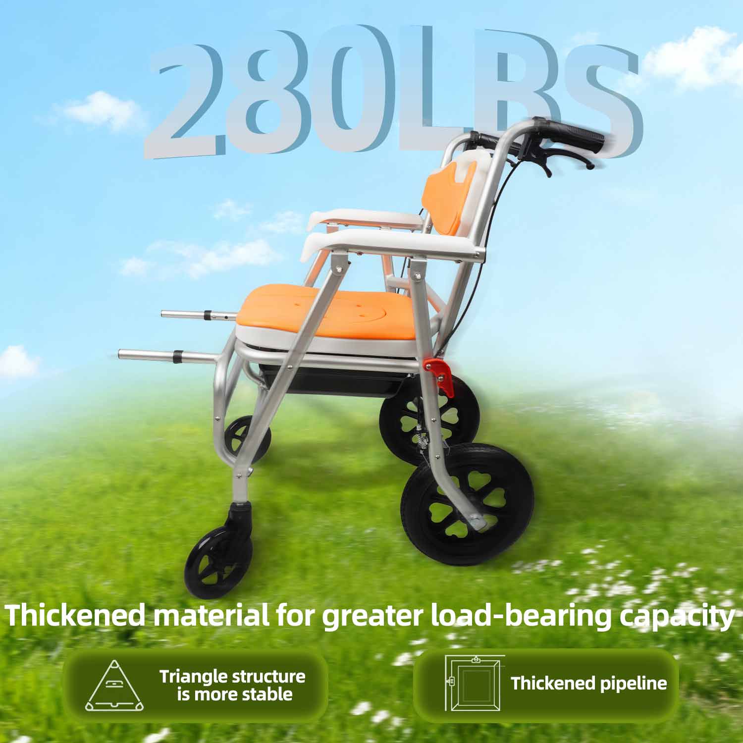 4-in-1 Rolling Shower Chair & Commode with Wheels, Folding Aluminum Toilet Chair for Elderly, Handbrakes & Padded Seat
