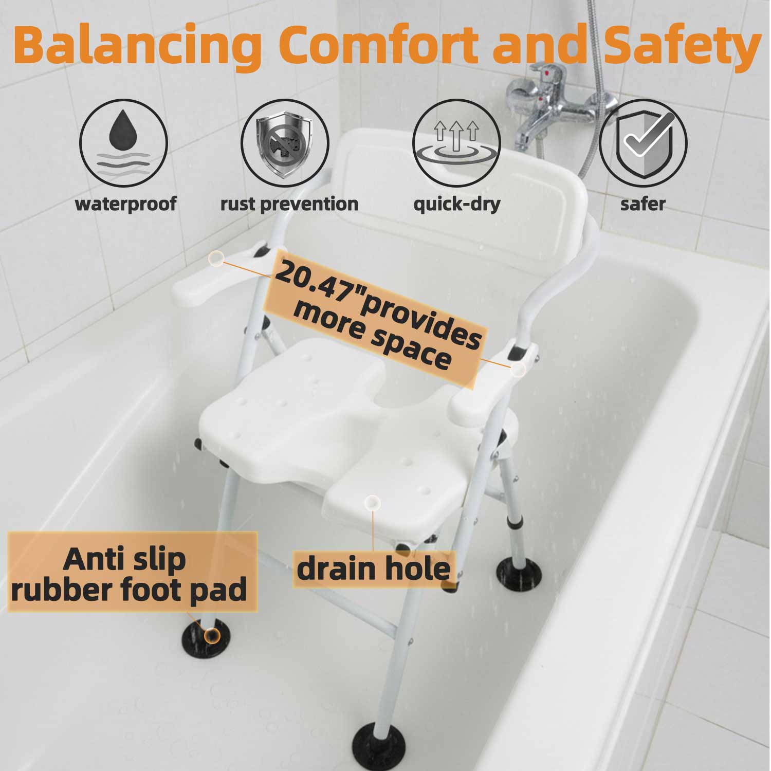 Shower Chair For Elderly And Disabled - Folding Seat With Arms And Back - Foldable Bathroom Chairs For Sitting, Inside Shower - Portable For Travel - Fold Down, Collapsible, Compact & Comfortable