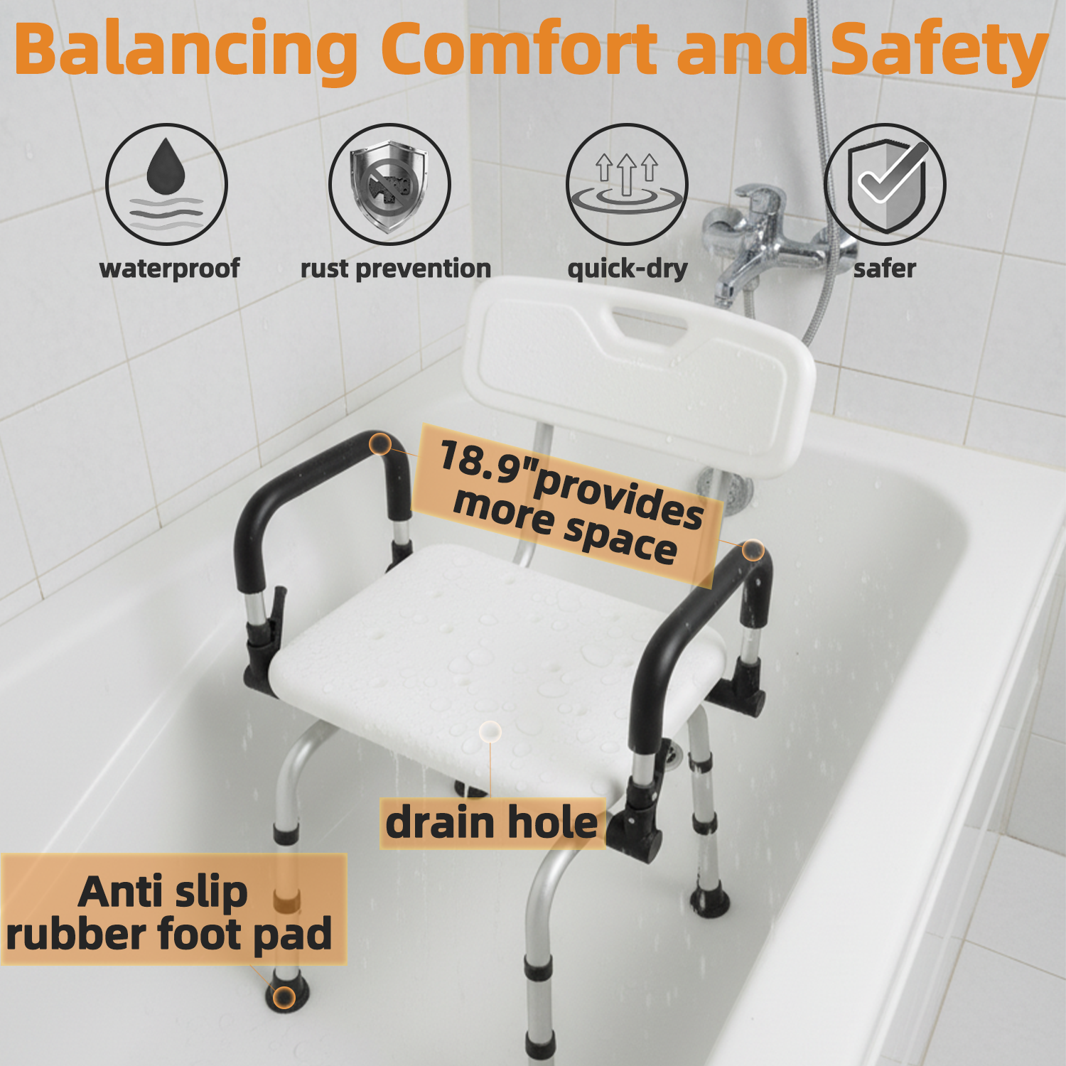 Shower Chair Seat with Padded Armrests and Back, Heavy Duty Shower Stool for Bathtub, Slip Resistant Shower Seat with Adjustable Height, Shower Bench for Inside Shower with 300 lb Capacity