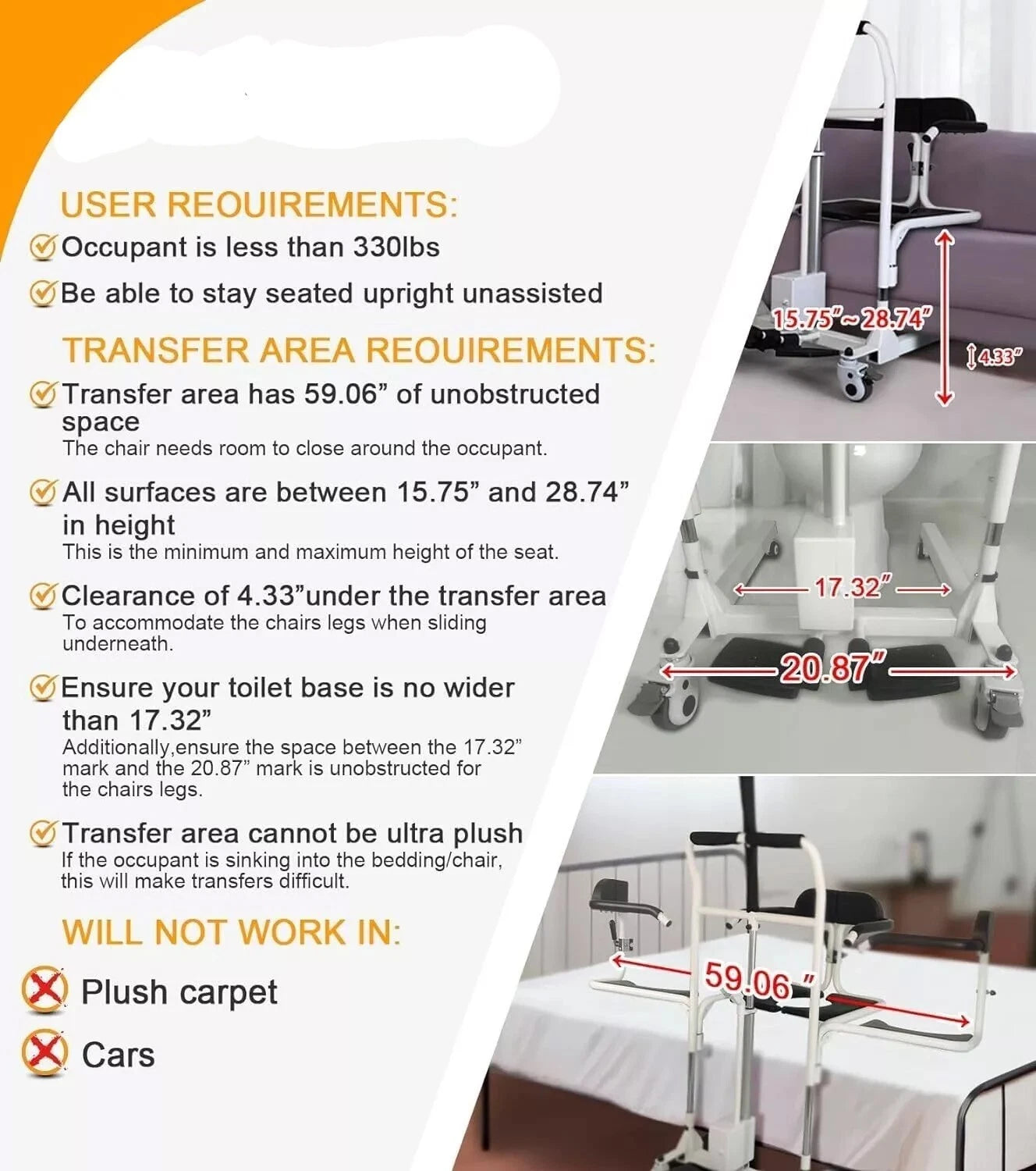 Transfer chair, Bathing chair, Commode chair, Electric Assist Patient Transport Unit, Indoor wheelchair