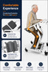 Ergonomic chair with protective and leg support pads, featuring text on dual protection for safety and comfort.