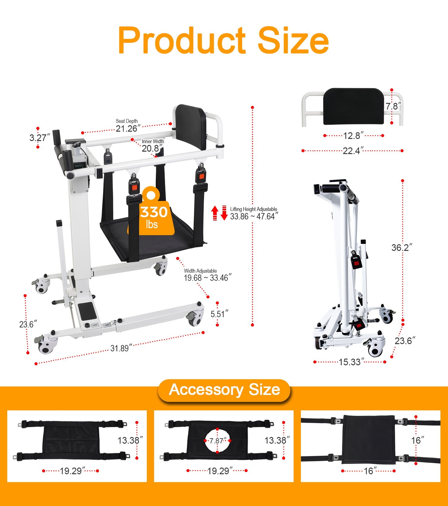 Measurement chart of Patient lift transfer chair and its accessories with dimensions labeled.
